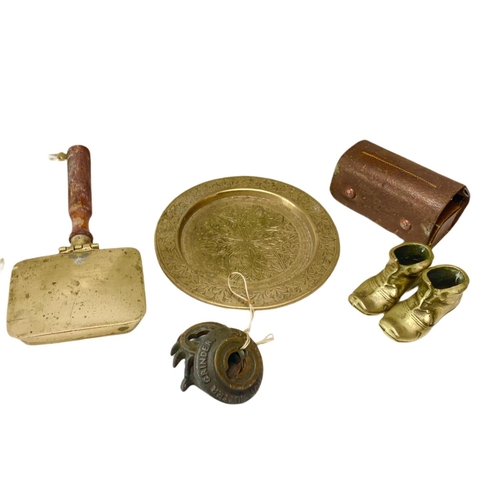 438 - Sundry lot. Including a brass spirit kettle, large cash box and other brass ware. 30cm