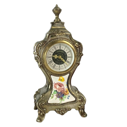 442 - Sundry lot. Including an ornate German mantle clock, silver plated spoons in case, pair of pottery d... 