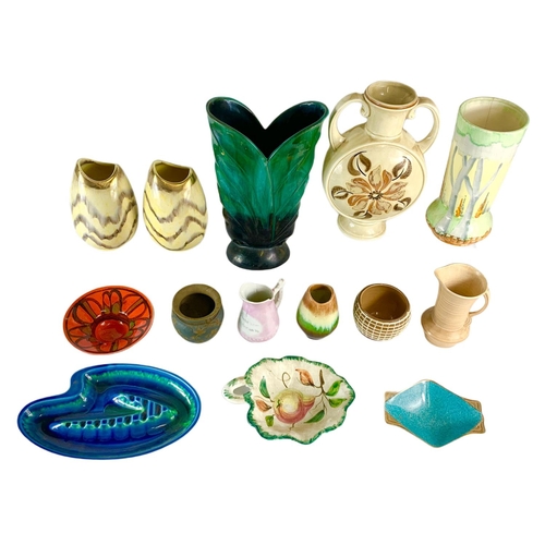 448 - Quantity of mid century pottery. Including a Beswick vase, Poole Pottery dish, German and Italian po... 