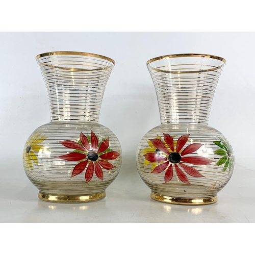 460 - Pair of 1960’s mid century glass vases. With gilding and hand painted flower decoration. 21.5cm