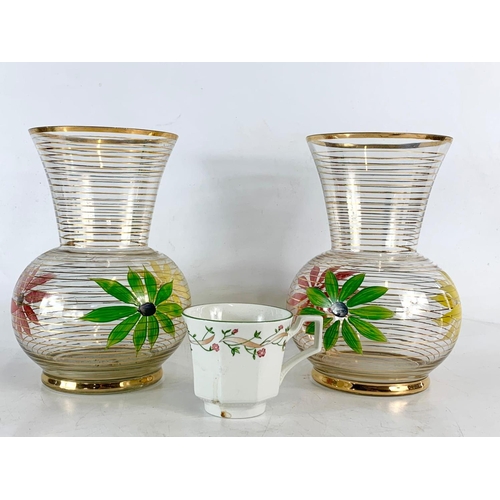 460 - Pair of 1960’s mid century glass vases. With gilding and hand painted flower decoration. 21.5cm