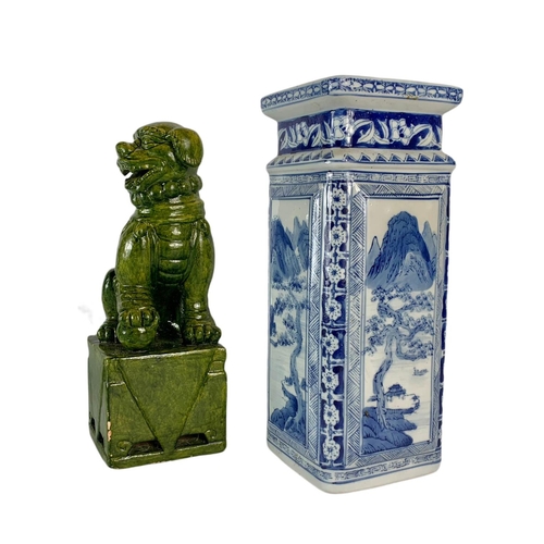 474 - Vintage Chinese pottery square blue and white pot and a Foo Dog. 34cm