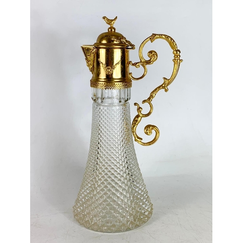 534 - Large vintage continental gilt mounted hobnail glass claret jug. 35cm