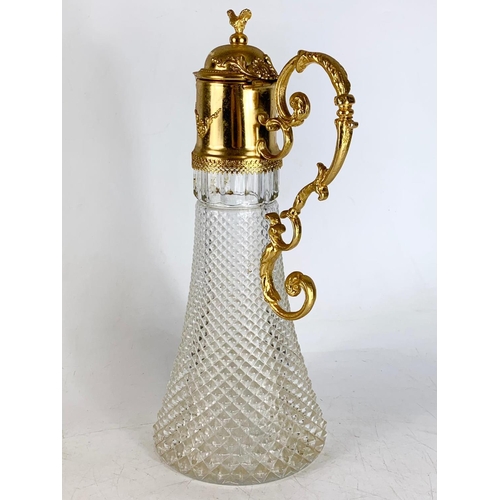 534 - Large vintage continental gilt mounted hobnail glass claret jug. 35cm