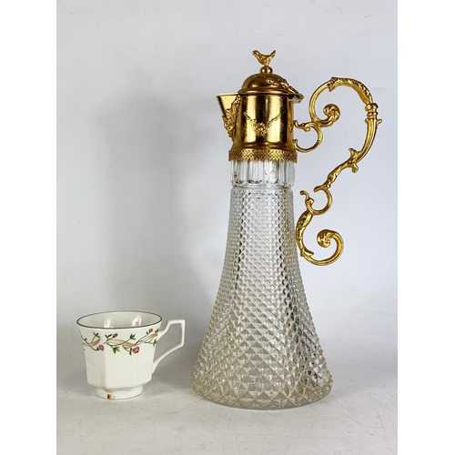 534 - Large vintage continental gilt mounted hobnail glass claret jug. 35cm