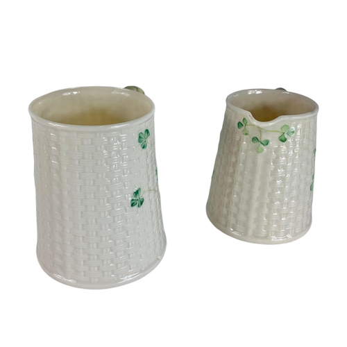 548 - Belleek pottery beer mug and jug. 12cm