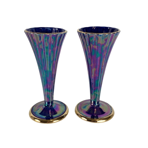 552 - Pair of ornate lustre pottery trumpet vases. 21cm