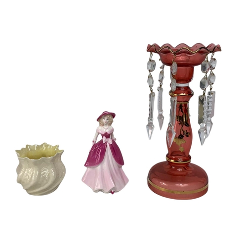 554 - Victorian style ruby glass lustre, Coalport figurine and a Belleek pottery pot. 22cm