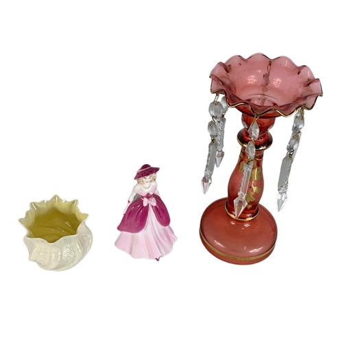 554 - Victorian style ruby glass lustre, Coalport figurine and a Belleek pottery pot. 22cm