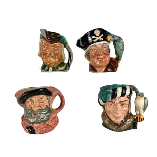 556 - 4 Royal Doulton character jugs. Robin Hood, Long John Silver, Falstaff and The Falconer. 10cm