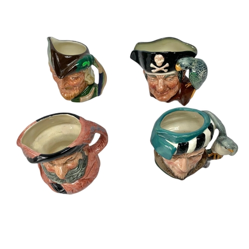 556 - 4 Royal Doulton character jugs. Robin Hood, Long John Silver, Falstaff and The Falconer. 10cm