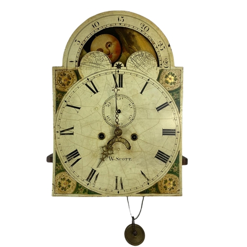 79 - 19th century long case clock works with moon dial and weights. 33/47.5cm