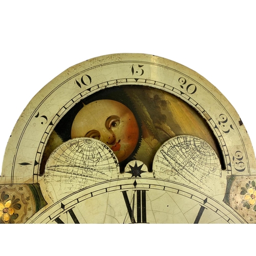 79 - 19th century long case clock works with moon dial and weights. 33/47.5cm