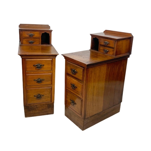 859 - Pair of Edwardian walnut gallery back bedside drawers. 37/60/89cm.