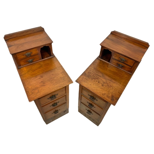 859 - Pair of Edwardian walnut gallery back bedside drawers. 37/60/89cm.