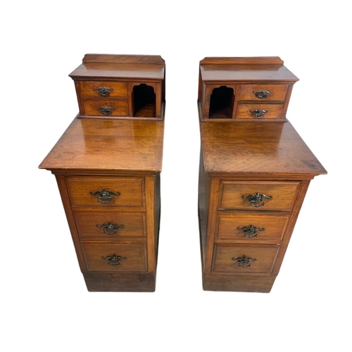 859 - Pair of Edwardian walnut gallery back bedside drawers. 37/60/89cm.