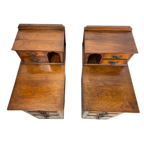 859 - Pair of Edwardian walnut gallery back bedside drawers. 37/60/89cm.