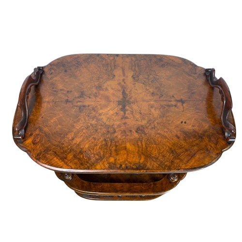 870 - Mid Victorian burr walnut Canterbury. 64.5/42.5/96cm