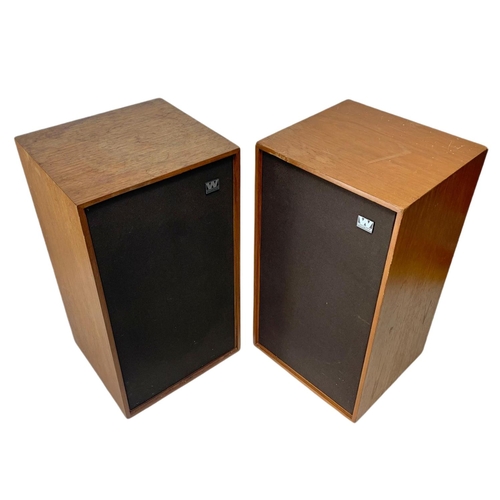 884 - Mid century teak Wharfedale speakers. 26/24/46cm