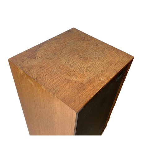 884 - Mid century teak Wharfedale speakers. 26/24/46cm