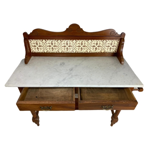 921 - Edwardian marble top 2 drawer washstand. 115/48/110cm