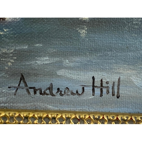 801E - Oil painting by Andrew Hill in an ornate gilt frame. 39/35cm