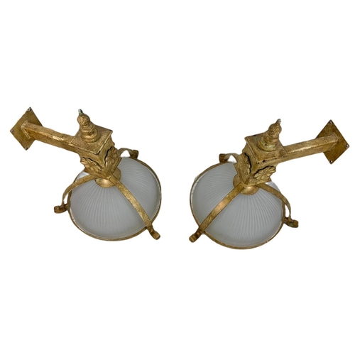 326 - Pair of large vintage decorative heavy alloy wall lights with glass shades. 38/40/46cm