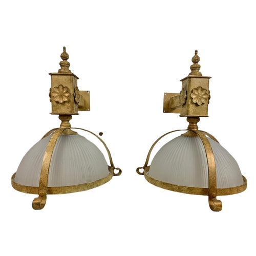 326 - Pair of large vintage decorative heavy alloy wall lights with glass shades. 38/40/46cm