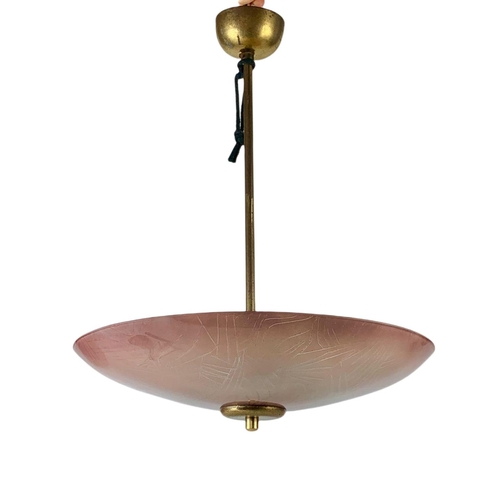 329 - 1950’s brass light fitting with glass shade. 35/40cm