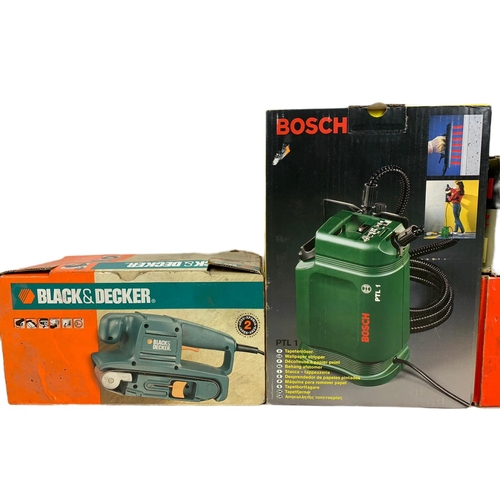 388 - 4 power tools in boxes. Black & Decker sander, Bosch wallpaper stripper, angle grinder and a brick m... 