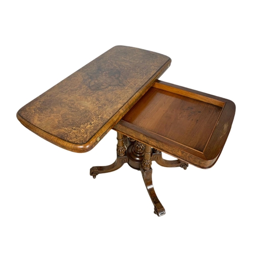 952 - Victorian inlaid burr walnut turnover card table, 92/45/73cm