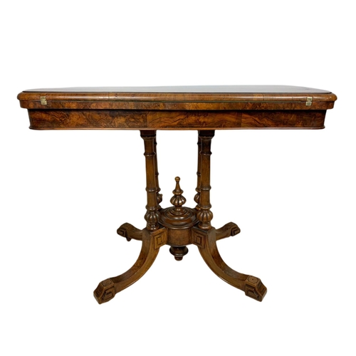 952 - Victorian inlaid burr walnut turnover card table, 92/45/73cm