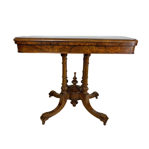 952 - Victorian inlaid burr walnut turnover card table, 92/45/73cm