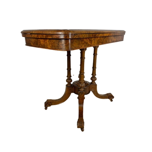 952 - Victorian inlaid burr walnut turnover card table, 92/45/73cm