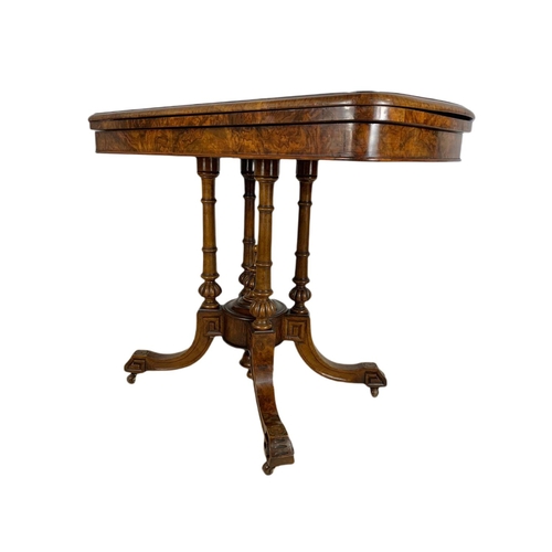 952 - Victorian inlaid burr walnut turnover card table, 92/45/73cm