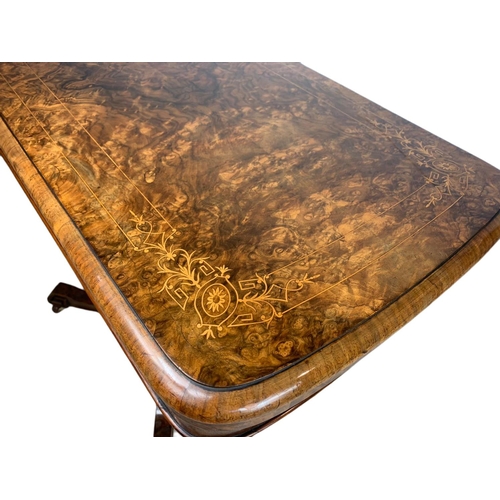 952 - Victorian inlaid burr walnut turnover card table, 92/45/73cm