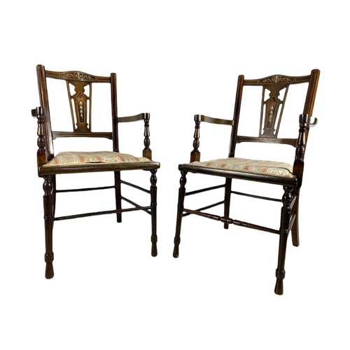 955 - Pair of Edwardian inlaid mahogany armchairs. 50/52/88cm