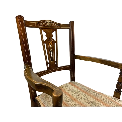 955 - Pair of Edwardian inlaid mahogany armchairs. 50/52/88cm