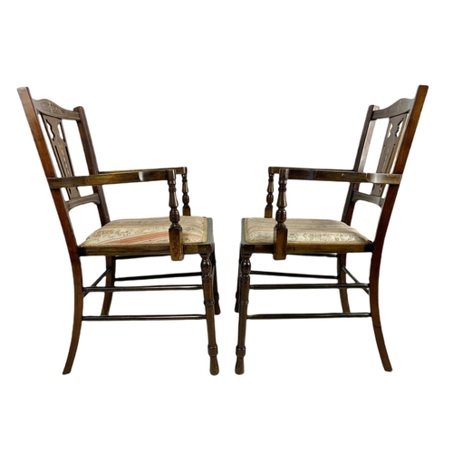 955 - Pair of Edwardian inlaid mahogany armchairs. 50/52/88cm