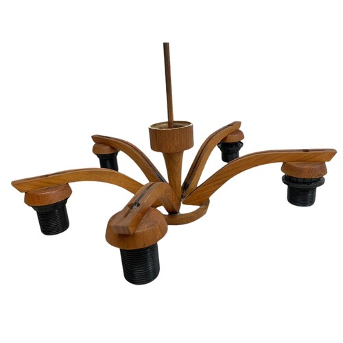 358 - Teak mid century chandelier and 2 wall lights. Chandelier 45/42cm