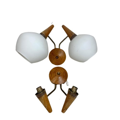 358 - Teak mid century chandelier and 2 wall lights. Chandelier 45/42cm