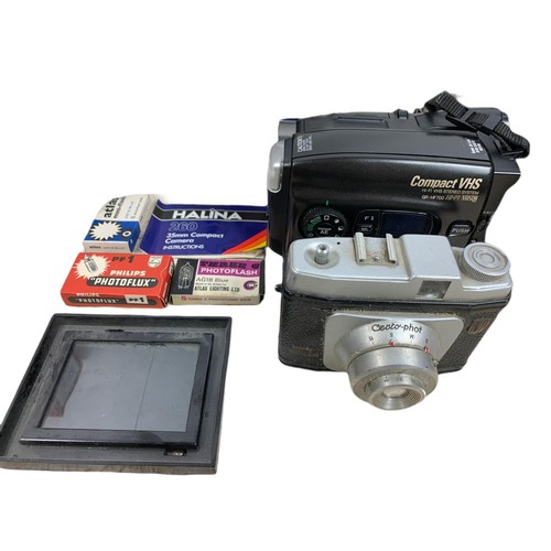 214b - Quantity of cameras and accessories. Including a compact VHS JVC camcorder in case, Halina camera wi... 