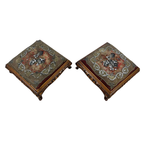 977 - Pair of Victorian carved walnut footstools on cabriole legs with original bead work. 35/35/15.