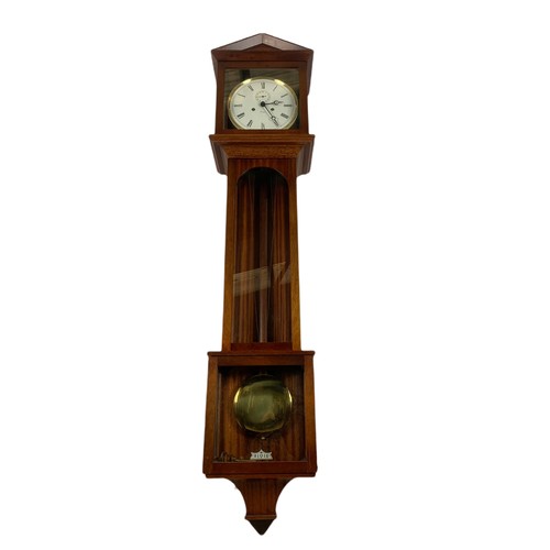 1040 - Large mahogany German wall clock. With key, weights and pendulum. 154cm