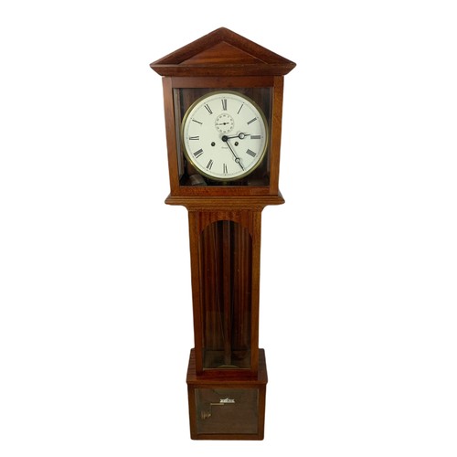 1040 - Large mahogany German wall clock. With key, weights and pendulum. 154cm