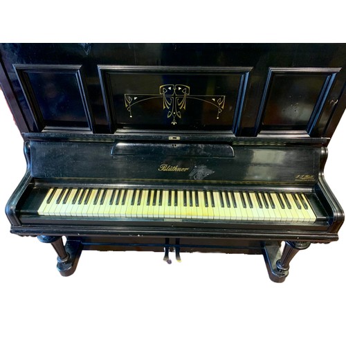 1057 - Edwardian Bluthner German inlaid piano. 148/69/144cm