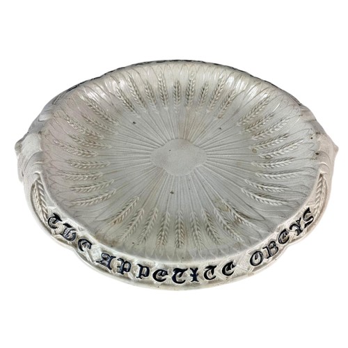 598 - 19th century pottery bread platter. “Where reason rules, the appetite obeys” 33/27cm