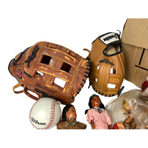 638 - Box of collectibles. Including a vintage MacGregor baseball glove, vintage dolls etc