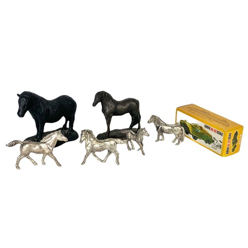 622 - Pair of vintage brass candlesticks and an iron, including miniature horse figures and a model Airfix