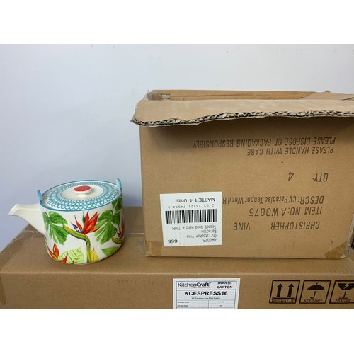 774 - Large quantity of new coffee mugs, espresso cups, latte spoons in boxes.